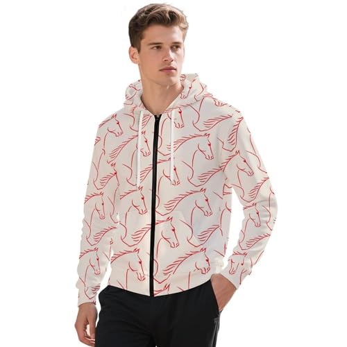 Hand Draw of Horses Lineart Men's Hoodies with Zipper Lightweight Long Sleeve Casual Sweatshirts