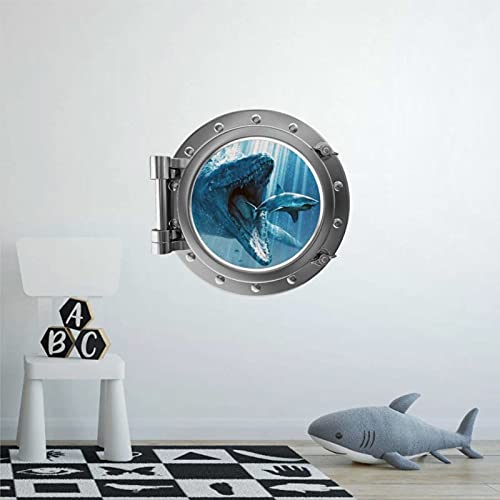 Port Scape Mosasaurus Porthole Window Wall Decal Removable 3D Sticker Graphic Dinosaur Dinosaur Eating Fierce Fish Sea View Kids Room Decor Wall Stickers Wall Art Vinyl Sticker ,18'' Ae423 #TOP19