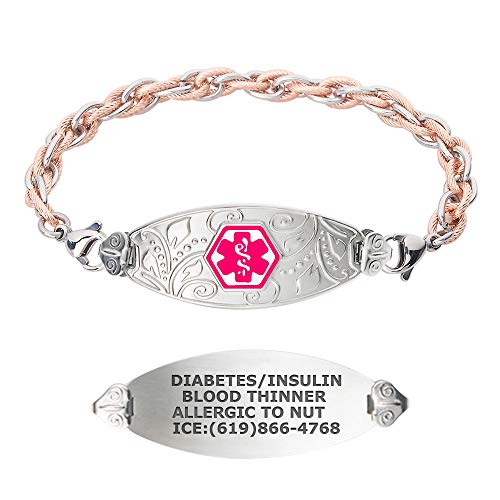 Divoti Custom Engraved Medical Alert Bracelets for Women, Stainless Steel Medical Bracelet, Medical ID Bracelet w/Free Engraving  Lovely Filigree Tag w/Inter-Mesh Rose Gold/Silver-Vivid Red-8.5