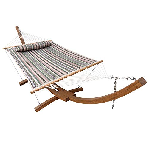 Hammock Stand Wood with Quilted Fabric for Outdoor Garden Patio, One Pillow Included,450 lbs Capacity(Blue&Green Stripes)