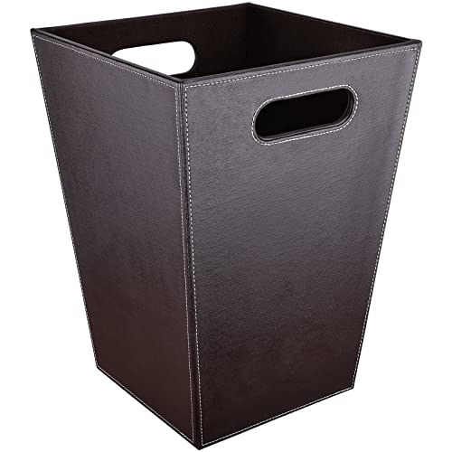 Image of GORESE Leather Trash Can Bathroom Wastebasket, 16L /4.2 Gallon Office Garbage Can with Handles for Near Desk, Square Bedroom Waste Basket Bin for Home Dorm Decorative Brown