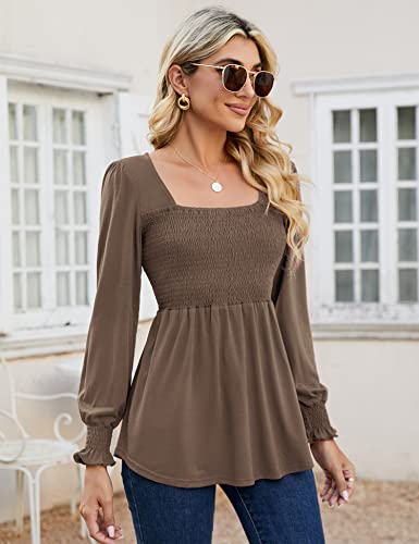 Lomon Blouses For Women Puff Long Sleeve Shirts Square Neck Cute Casual Smocked Tunic Tops Spring Fall Winter (Khaki, S) #TOP3