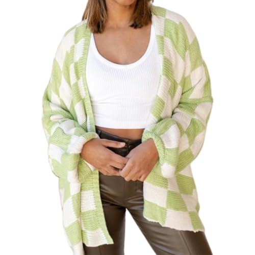 Image of Womens Checkered Cardigan Sweater Loose Long Sleeve Open Front Sweater Knit Coat Casual Oversized Plaid Cardigan Tops