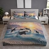 Generisch Bettwäsche Set 180 x 200 cm Blau – Tier Schwertwal Meer Mikrofaser Bettbezug mit Reißverschluss, Deckenbezug + Kissenbezüge, weich atmungsaktiv pflegeleicht, für Teenager Erwachsene