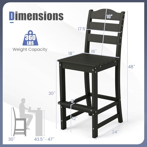 Image of Tangkula Patio HDPE Barstool, Outdoor High Top Bar Chair w /Backrest & Footrest, All-Weather Wood-Plastic Bar Height Chair for Poolside, Backyard, Porch (1, Black)
