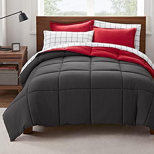 Serta Simply Clean Fluffy 7 Piece Hypoallergenic Reversible Bed in a Bag, Queen, Red