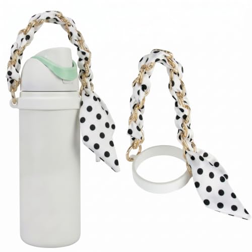 Water Bottle Handle Strap Compatible with 8-40oz Owala Stanley HydroJug White Black Polka Dot Grosgrain Ribbon Chain with High Elasticity Silicone Strap Owala Accessories & Stanley Cup Accessories