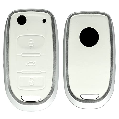 Image of KMH Aluminium Alloy with Leather Car Key Cover Compatible for Volkswagen Polo Vento Jetta Ameo Passat and Skoda Rapid Laura Superb Octavia Fabia Yeti 3 Button Smart Key