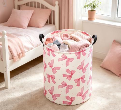 Image of Girls Laundry Basket Baby Nursery Hamper Toy Storage Bin(Pink Bowknots)