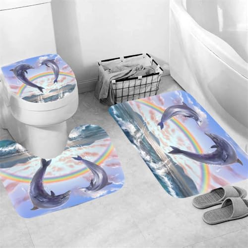 Badezimmerteppich Regenbogen Delphin Badteppich rutschfest Waschbar Badgarnitur 3 Teilig – Badematte Set Mit Wc-Vorleger Und Badematte,Teppich Badezimmer Für Sicherheit Und Komfort Im Bad 50×80Cm – Bild 3