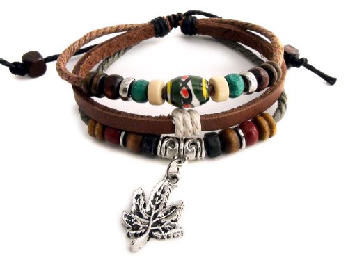 Agathe Creation - Pulsera tibetana de la felicidad, hoja de cannabis, piel y cáñamo, perlas de metal, madera y cerámica, colores Jamaica, rasta, tamaño a medida, hecha a mano, Cáñamo Madera Metal