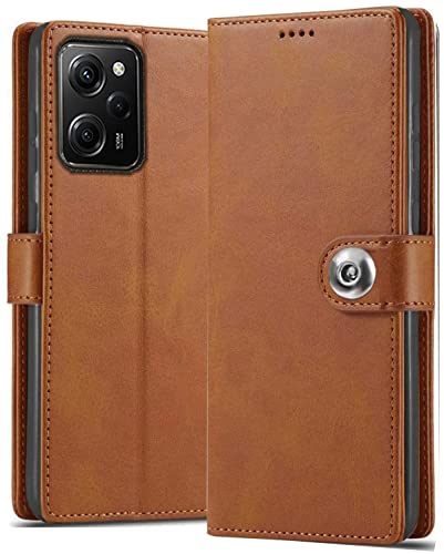 Image of SHINESTAR Ultimate Leather Finish Flip Back Cover for Poco X5 Pro 5G | Inside TPU & Inbuilt Stand | Wallet Style Back Cover Case for Poco X5 Pro 5G | Stylish Button Magnetic Closure - Brown