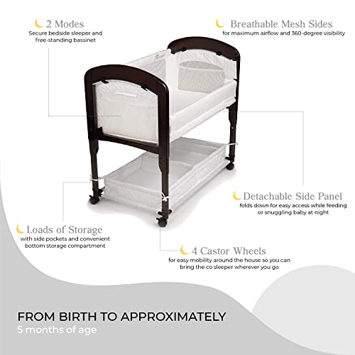 Arm’s Reach Cambria Co-Sleeper Bedside Bassinet Featuring Height-Adjustable Legs, Curved Wooden Ends, Breathable Mesh Sides With Pockets, And Large Lower Storage Basket, Espresso And White #TOP1