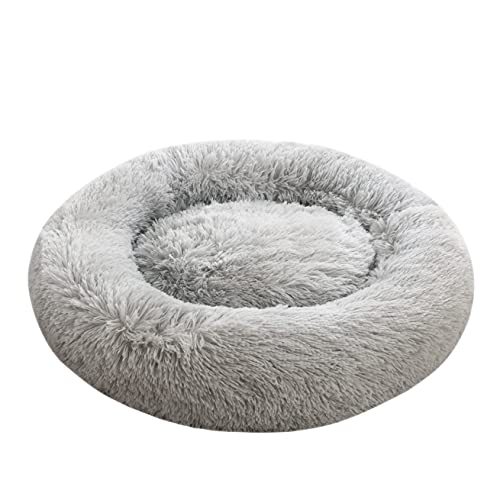Comlax Beruhigende Donut Hundebetten XXXL, Rundes Kissen mit abnehmbarem waschbarem Bezug, Anti-Angst-Kunstfell-Kuscheltier, Flauschiges, bequemes, pelziges Haustierbett (115cm, Silber)