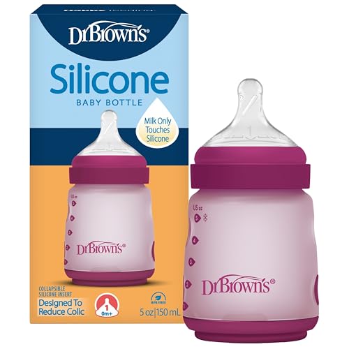 Dr. Brown's Silicone Baby Bottle with Collapsible Insert Designed to Reduce Colic, 5 oz with Wide-Neck Level 1 Slow Flow Nipple, 0m+, Pink