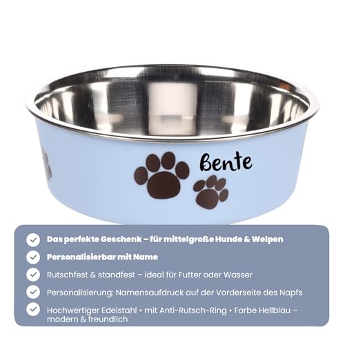 Hundenapf personalisiert aus Edelstahl M 800 ml Hellblau – rutschfest, leicht & hygienisch – Futter- & Wassernapf mit Namen für große Hunde & Katzen