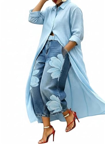 Maxivestido Camisero de Lino para Mujer, de Manga Larga, con Solapas y Botones Frontales; Estilo Casual, Liso y de Corte *Oversize*, Ideal para Vacaciones y Verano. (Blue,3XL)