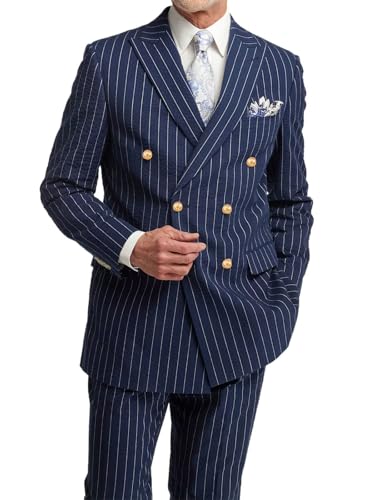 Pinstripe Suit for Men Slim Fit 2 Piece Double Breasted Suits Gold Button Jacket Pants Business Wedding Prom4