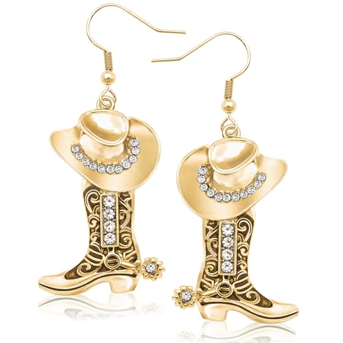 RechicGu Western Cowgirl Hat Boots Earrings Enamel Cowboy Hat Sparkly Rhinestone Boot Dangle Earrings Prom Country Concerts Rodeo Cowboy Outfits Jewelry Gift for Women