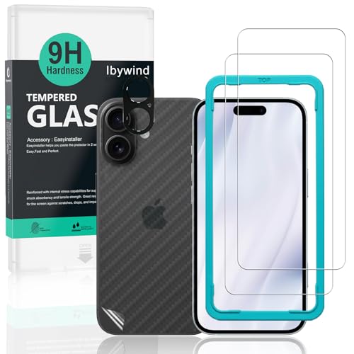 Ibywind para iPhone 17 5G,2 protectors de pantalla+1 Protector Cámara+1 Protector Trasera Fibra Carbono,Dureza 9H Cristal Templado,Marco guía Easy Align