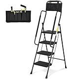 HBTower 4 Step Ladder with Handrails, Folding Step Stool with Wide Anti-Slip Pedal, 330lbs Sturdy Steel Ladder, Convenient Handgrip, Lightweight, Portable Steel Step Stool, Black