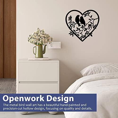 Hanging Metal Wall Art Tree Of Life Wall Decor Bird on Tree 3D Metal Bird Sculpture Birds on Branch Artwork Silhouette Round/Heart Shaped for Bedroom Office Corridor Patio Fence (Φ30 cm/11.8inch)