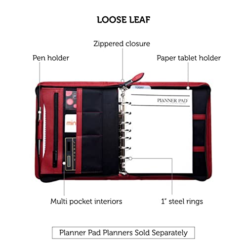 Planner Pad 7 Ring Loose Leaf Personal Size Cover, Fits 6 3/4” X 8 1/2" Size Planner Pages, Red Leather #TOP2