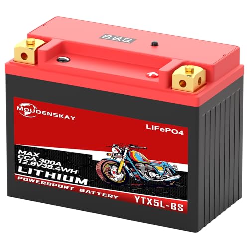 MOUDENSKAY Batterie Moto Lithium 12V Lithium Powersports Batterie avec BMS et affichage,38.4WH 3Ah 230~250CCA YTX5L-BS Batterie Lifepo4 Moto Démarrer la...