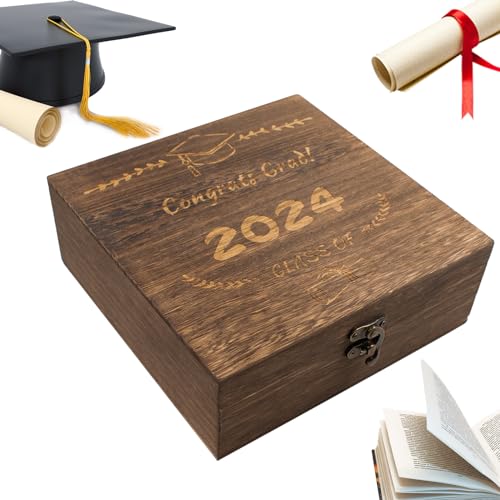QoTang Graduation Gift Box Wooden Graduation Keepsake Box Engravong Graduation Cap Graduation Gift for Him Decorative Memory Box Class of 2024 Graduation Gift for Graduate High School College Party