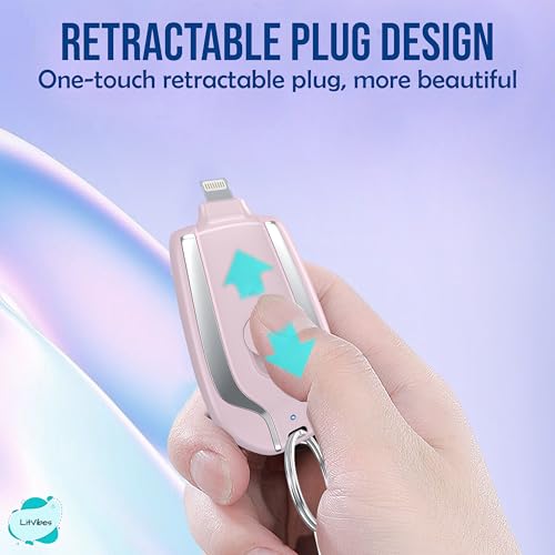 Image of Mini Keychain Emergency Charger,New Power Pod Wireless Charging Compact Portable /Travel Friendly 1500 mAh with Build in Lightning Output Pin Compatible with All iOS Devices - Pink