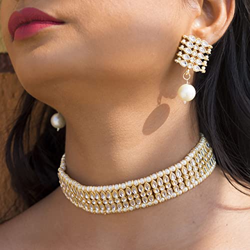 I Jewels Gold Plated Traditional Kundan Pearl Choker Necklace Jewellery Set For Women And Girls (K7209) - Image 7