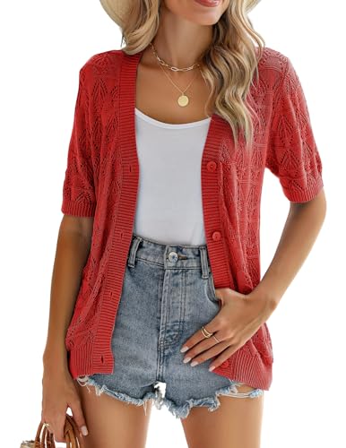 Image of Zeagoo Women's Short Sleeve 2026 Summer Crochet Cropped Cardigan V Neck Button up Bolero Shrug Sweater