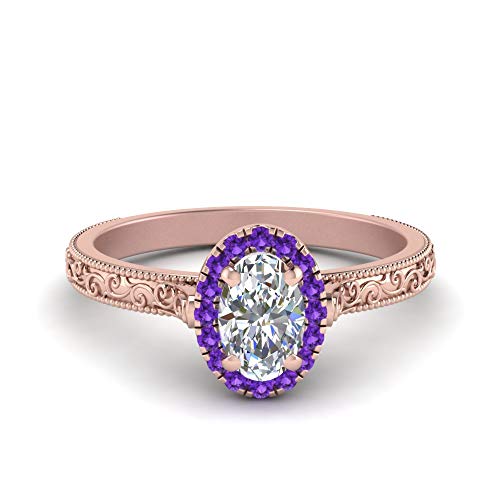 Bague de fiançailles halo ovale vintage en or rose à porter au quotidien