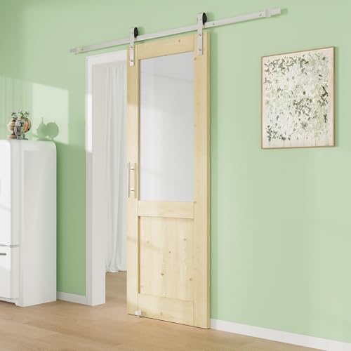 Image of 32 inch x 80 inch Presembled 3-Lite Molded Panel Barn Door with 72 inch Track Kit, Solid MDF Sliding Barn Door for Closet Kitchen Bedroom Pantry, Excellent Sound & Thermal Insulation, Nickel-Plated Hardware Kit