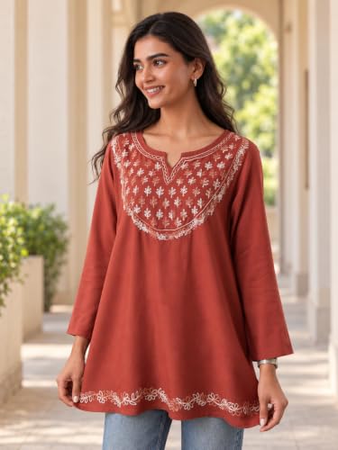 Image of QAZMI Women's Azra Kashmiri A-Line Full Sleeves Viscose Rayon Short Kurti