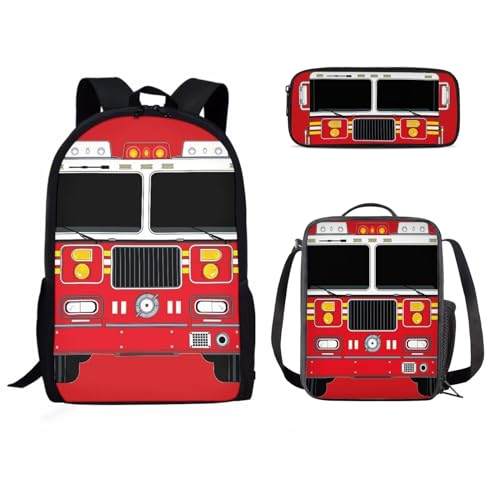 Novelty Fire Truck Car Bacpack for Teens Boys Backpacks for School Large Capacity Insulation Lunch Bag With Pencil Case for Elementary Middle School