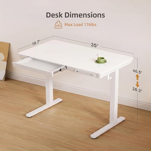 Image of INNOVAR 35 inch Small Glass Standing Desk with Drawers & USB Ports, Whole-Piece Glass Top Adjustable Height Desks, Quick-Install Electric Sit-Stand Up Desk for Home Office & Computer Workstation, White