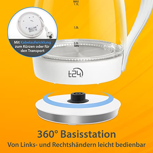 Foto von T24 79020 LED Glas Wasserkocher 1,7 Liter mit LED-Beleuchtung, Trockenlaufschutz, BPA frei, 2200W | (weiß)