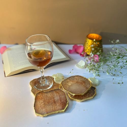 Image of Natural Agate Stone Tea Coasters Set | Premium Stone Coasters for Tea, Coffee & Glass | Heat Resistant Coasters for Dining Table, Office Desk & Home Decor | Pack of 4 | Color -Brown