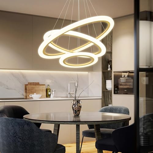 Image of Manraj Modern LED Gold Ring Chandelier, Acrylic 3-Ring Design, Flush Mount Chandelier with Adjustable Hanging Cord Pendant Light Fixture, for Dining Living Room Bedroom (Gold)