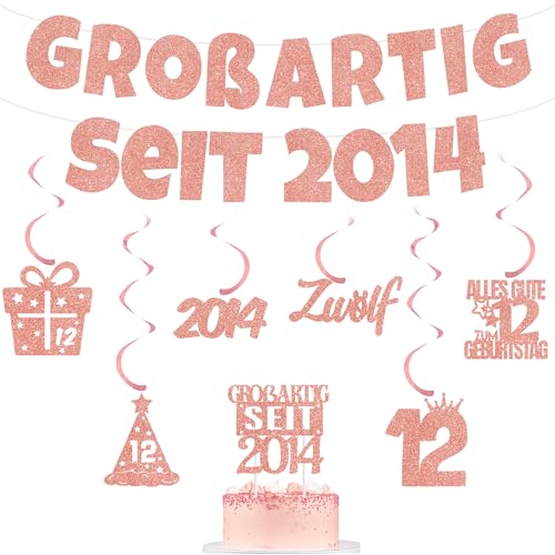 Deko 12 Geburtstag Girlande Mädchen Rosegold - 12. Geburtstagsdeko Banner Tortendeko und Hängende Wirbel Glitzer Geburtstagsgirlande für 12 Jahre Kindergeburtstag Dekoration
