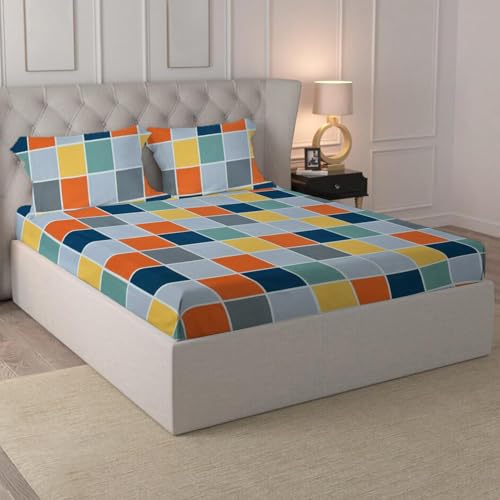 Image of LOOMLYFE 300 TC Cotton Feel Glace Cotton Elastic Fitted Printed Queen Size Double Bed Bedsheet with 2 Pillow Covers Fits Upto 8 inches,Size- 60x78x10 Inches, Multibox