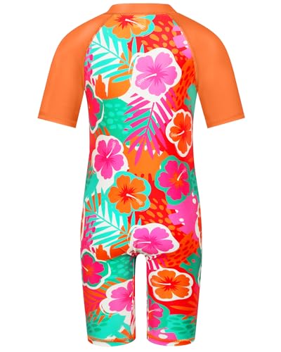 Image of TFJH E Short Sleeve Girls Swimsuits UV 50+ One Pieces Zipper 2-14Y | From beach vacations and pool parties to cruises and water parks, this colorful floral swimsuit is her summer favorite