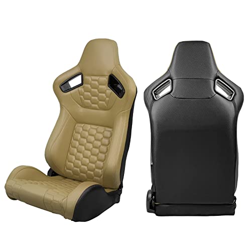 Image of IKON MOTORSPORTS, Universal Racing Seats with Dual Sliders, Reclinable Beige PU + Carbon Leather with Hexagonal Quilting Sport Bucket Seats, 1 Pair Driver + Passenger Side