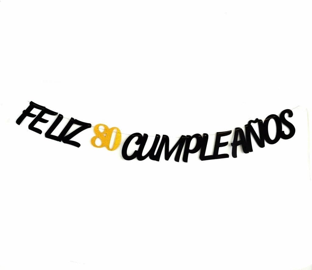 Black Glitter Feliz 80 Cumpleaños Banner, Spanish Happy 80 Birthday Banner, Fiesta Mexican Themed Birthday Party Decorations Pre-Assembled (Black)