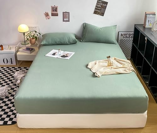 Drap housse 120x200cm vert sauge uni housse matelas lavable en machine polyester - 3