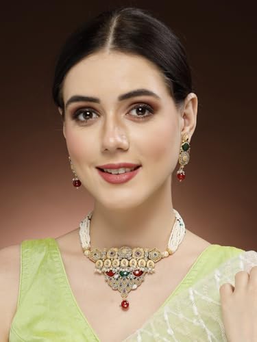 Image of Adiva Stylish Traditional Gold-Plated Kundan Stone Pearls & Beads Meenakari Handcrafted Necklace with Earrings Jewellery Set for Women & Girls