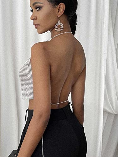 Fstrend Rhinestones Body Chains Chest Sparkly Crystal Bikini Bra Silver Halter Backless Sexy Party Rave Nightclub Jewelry Accessories For Women And Girls (Silver) #TOP5