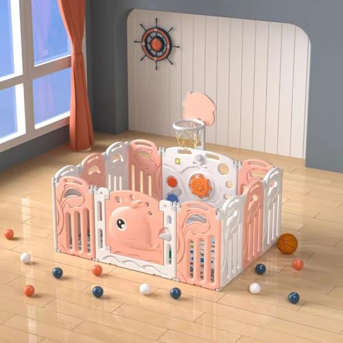 Image of Whale Theme Pink Playpen for Toddlers - 25 SQFT Baby Play Yard with 10+2 Panels, Ultra Soft Mat & Basketball Hoop - Indoor /Outdoor Kids Ball Pit & Activity Center - ISO & CE Certified