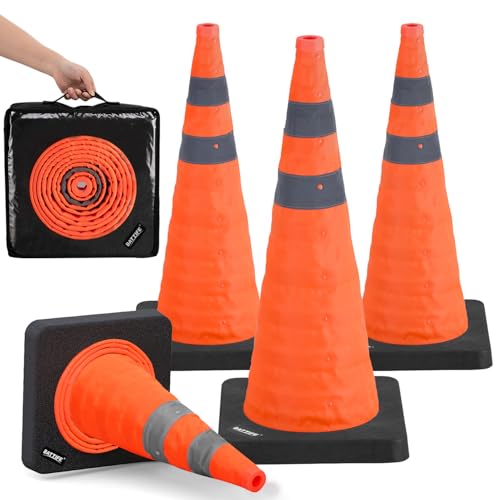BATTIFE [4 Pack] 28 Inch Collapsible Traffic Safety Orange Cones with Black Weighted Base, Multi Purpose Pop-up Cones and Reflective Collar, for Road Parking, Driving Practice.